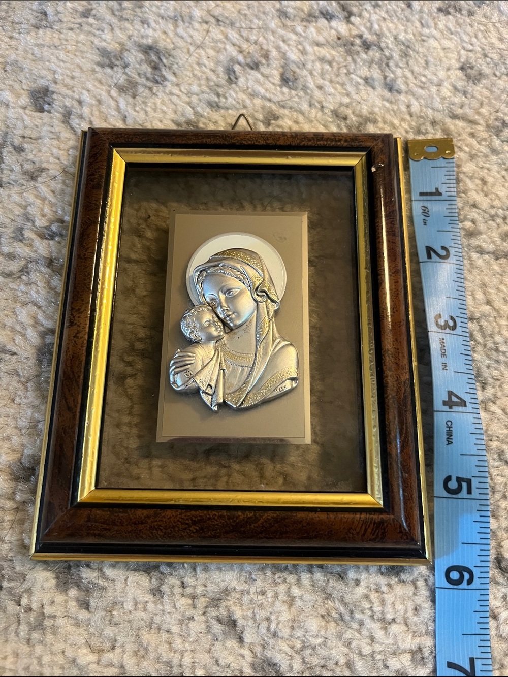 Framed Silver Madonna and Child Wall Plaque - Brown & Gold